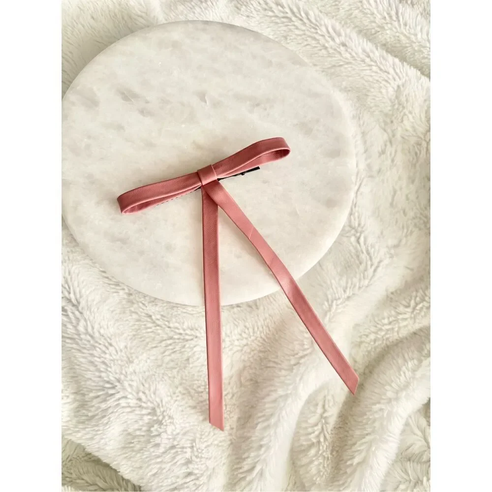 Pink color mini leather hair bow clip 